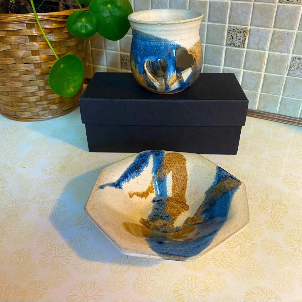 Vintage Studio Pottery Jewelry Dish & heart candle holder